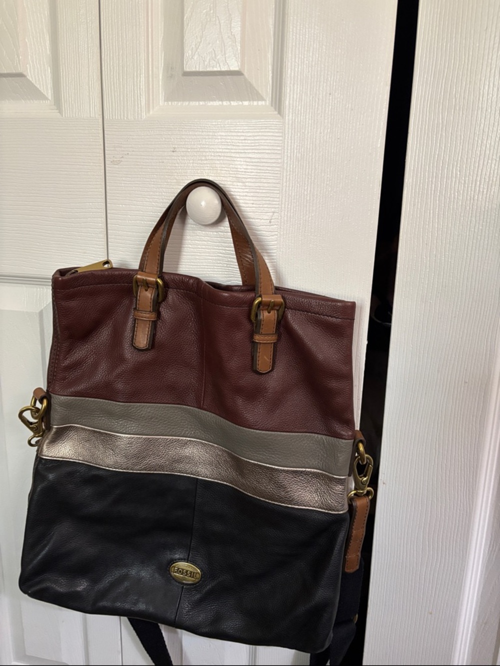 Leather Colorblock Tote Bag - Brown, Black & Metallic